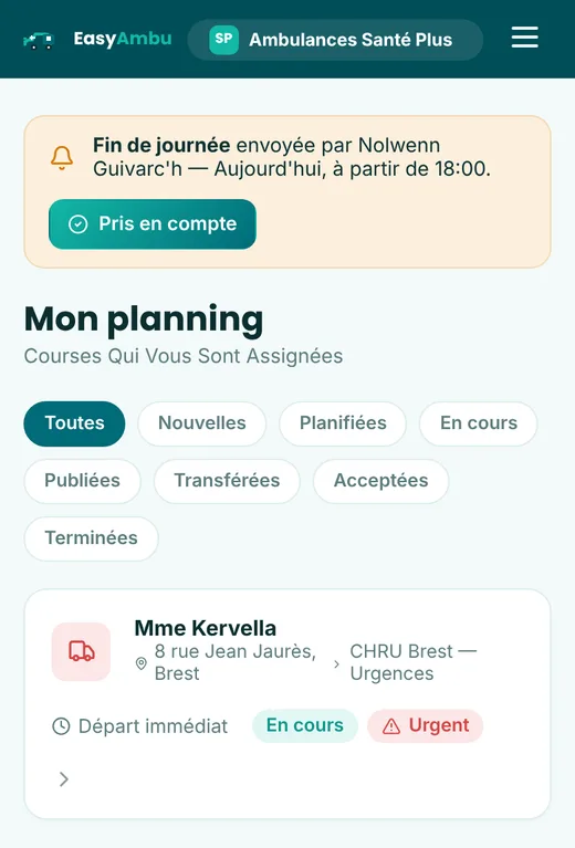 Planning chauffeur d'EasyAmbu sur téléphone